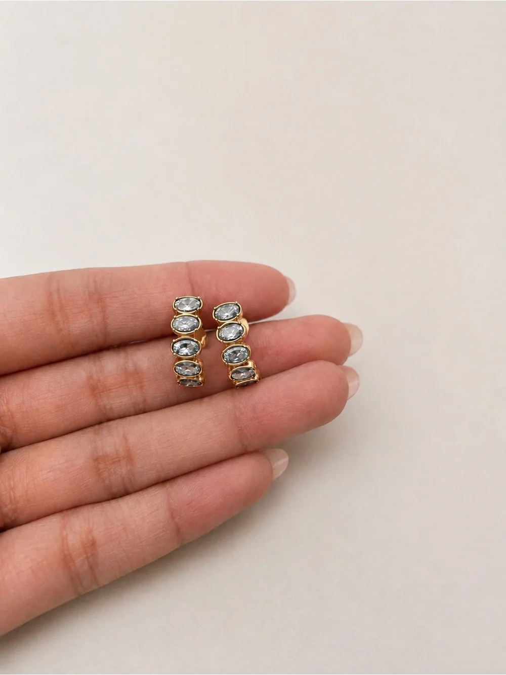 18K Gold PVD Clear Oval Stone Huggie Earrings